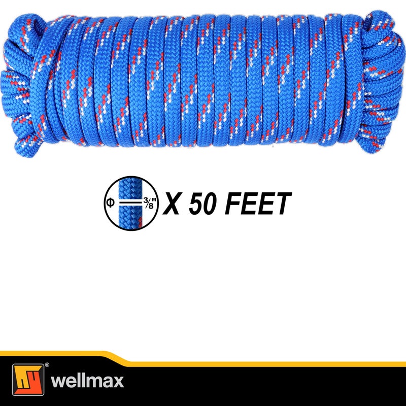 Wellmax Diamond Braid Nylon Rope - 3/8 Inch by 50 Feet Blue Color - Extra Strength, Sunlight and Weather Resistant - Heavy Duty Construction - Image 3